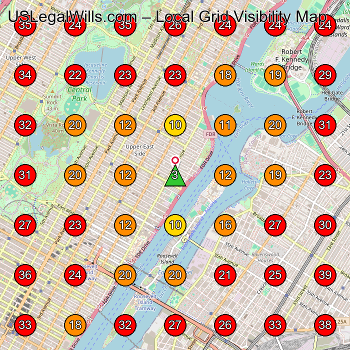 USLegalWills.com GeoGrid visibility map for Legal Services in New York